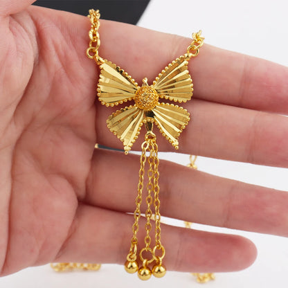 Luxury Gold-Tone Tassel Jewelry Set: Middle-East Inspired Necklace, Drop Earrings & Ring for Dubai African Party Glamour