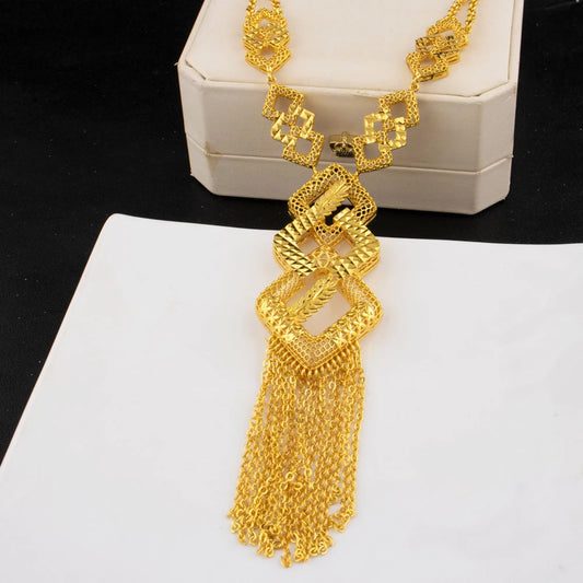 Plated Indian Bridal Jewelry Set: Long Pendant Necklace & Earrings for Women, Nigeria African Dubai Wedding Gift, Elega