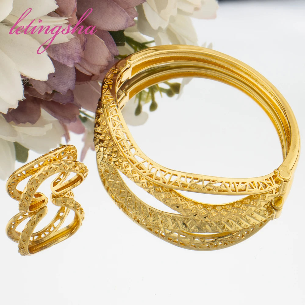 African 18k Gold Color Bracelet Ring Set for Ladies Classic Geometry Design Bangle with Ring 2pcs Set for Birthday Gifts