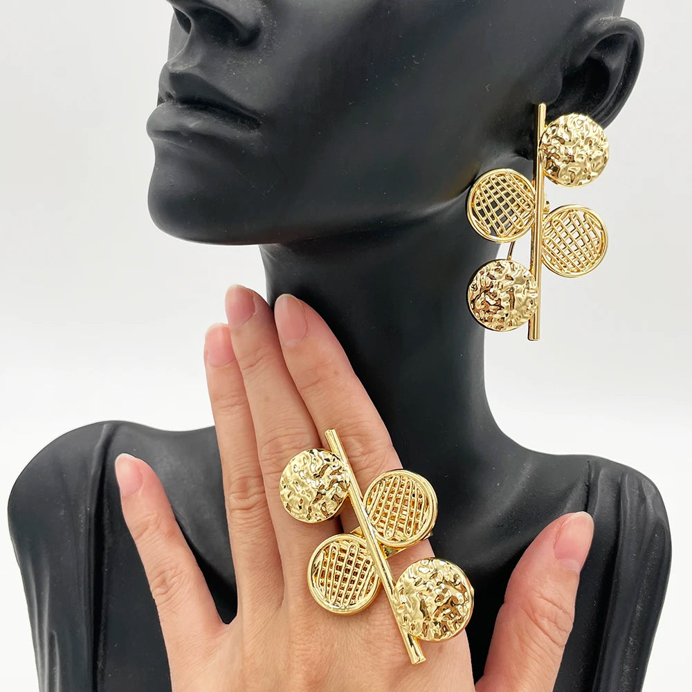 2Pcs Stylish Vintage Earrings Ring Premium Alloy Irregular Spiral Jewelry for Women Party Geometric Hollow Circular Jewellery