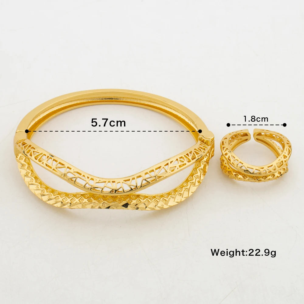 Luxury Gold Color Bangle Ring Set for Weddings Classic Design Hand Bangle and Finger Ring Set for Anniversary Party Jewelry Set