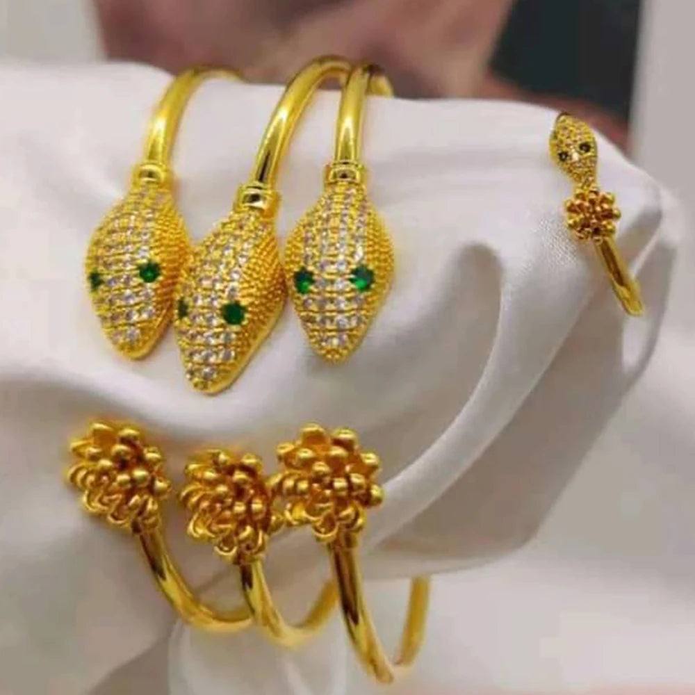 Serpentine Bangles Ring Women Luxury 18k Gold Color Black Zircon 3PCS Bracelet and Open Ring Charm Hand Jewelry Sets Party Gifts