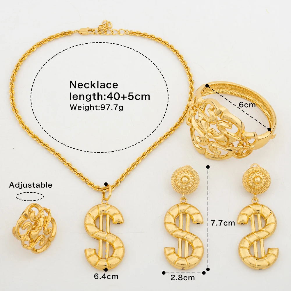 Dollar Jewelry Set for Women Dubai 18k Gold Color Necklace Fashion Wedding Bridal Earrings Charm Bracelet Adjustable Ring Gifts