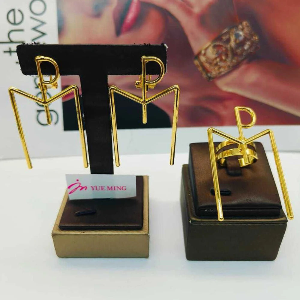 Luxury Earrings with Ring Set for Engagement 18k Gold Color Dangle Earrings Cocktail Ring Ethiopian Set for Nigerian Daily Wear