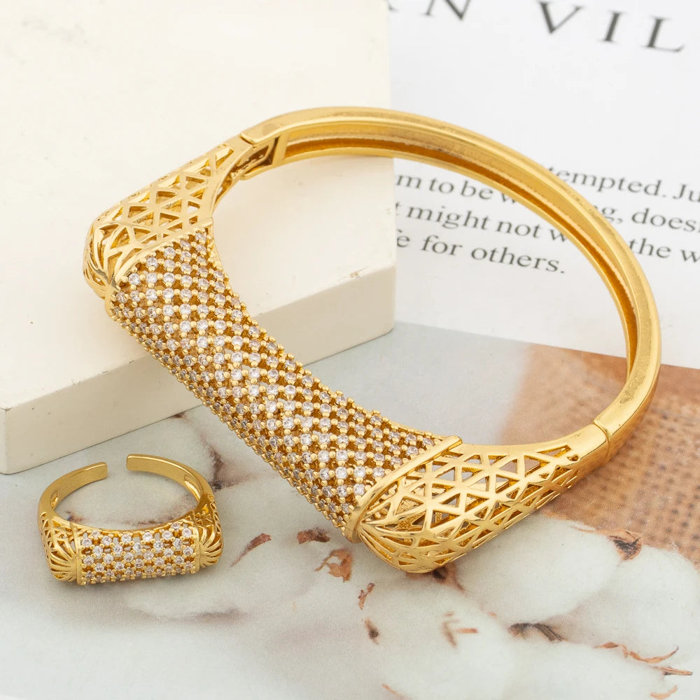 Crystal Design Bangle with Ring for Wedding Bride Gold Color Hand Bracelet Finger Ring Luxury Ladies Jewellery Woman Jewelry Set
