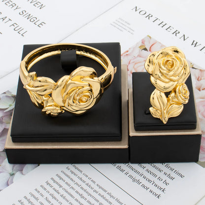 Dubai 18K Gold Color Bangle Ring for Luxury Women Fashion African Bracelet for Wedding Party Gift Jewelry
