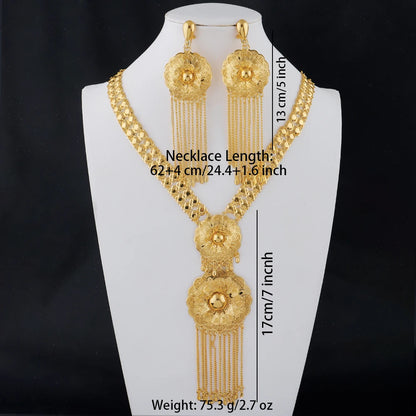 24K Gold Color Long Chain Necklace Earrings Set New Indian Nigerian Bridal Wedding Ethiopian Luxury Party Jewelry Wholesale Gift