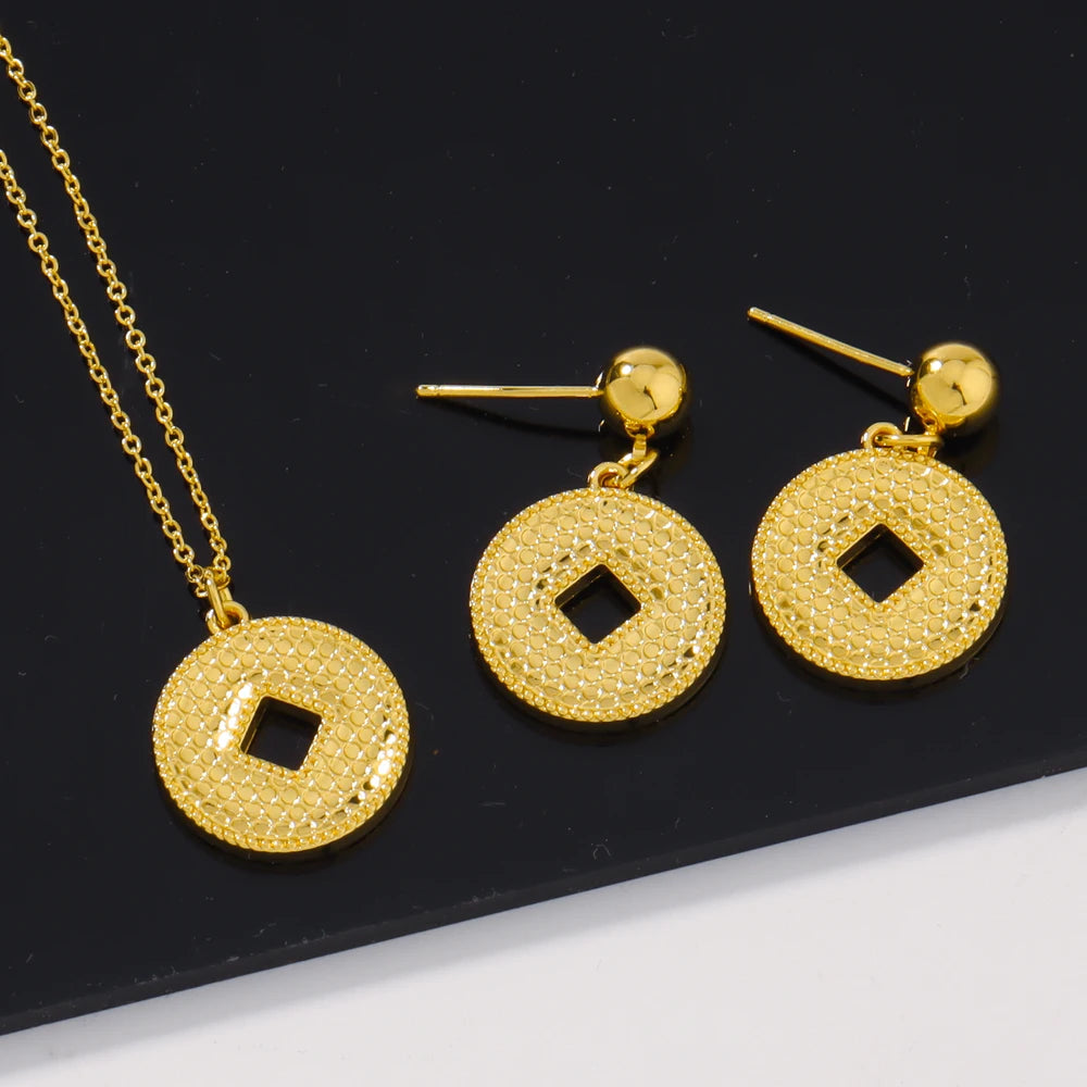 Color Women Earrings Clavicle Chain Set Gold Plated Coin Shape Pendant Delicacy Jewelry Set Fot Party Wedding Birthday Gift
