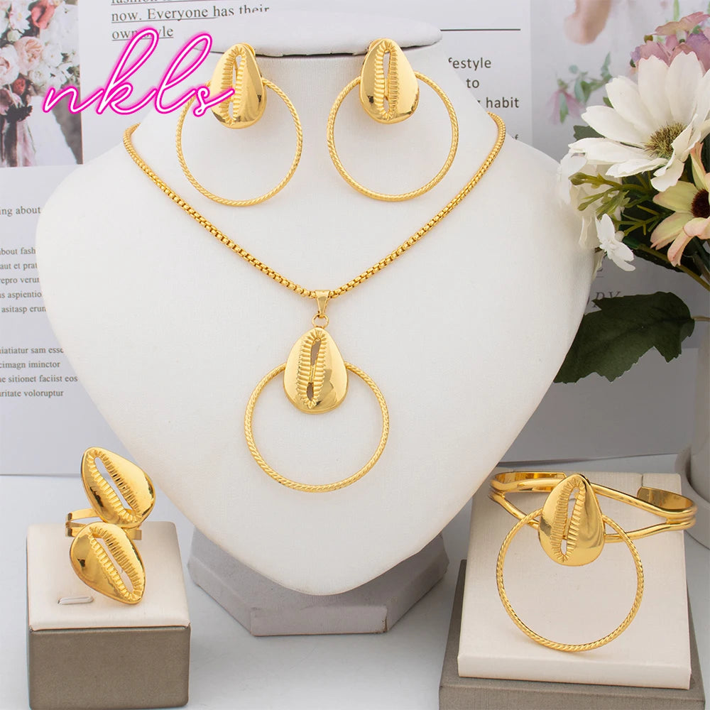 Dubai Luxury Necklace Earrings Cuff Bangle Ring Set African Trend Jewelry Fashion Women Jewelry Set Daily Wear Party Gift