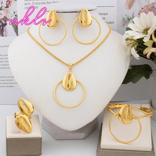 Dubai Luxury Necklace Earrings Cuff Bangle Ring Set African Trend Jewelry Fashion Women Jewelry Set Daily Wear Party Gift