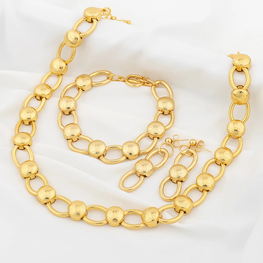 Fashion Round Beads Necklace Set Dubai 18k Gold Plated Drop Earrings Women Charm Bracelet Banquet Festive Jewelry Accessories