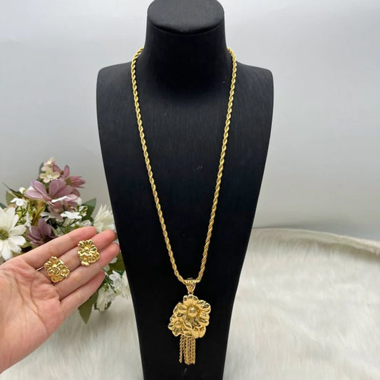 Luxury Big Flower Earring Necklace Gold Plated Dubai Set for Women Fashion Long Chain Jewelry Accessories Apply to Party