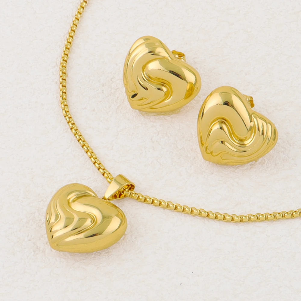 Heart Love Pendant Necklace & Double Earrings Jewelry Set for Women, Exquisite Wedding Gift, Minimalist Design Fashion Accessori
