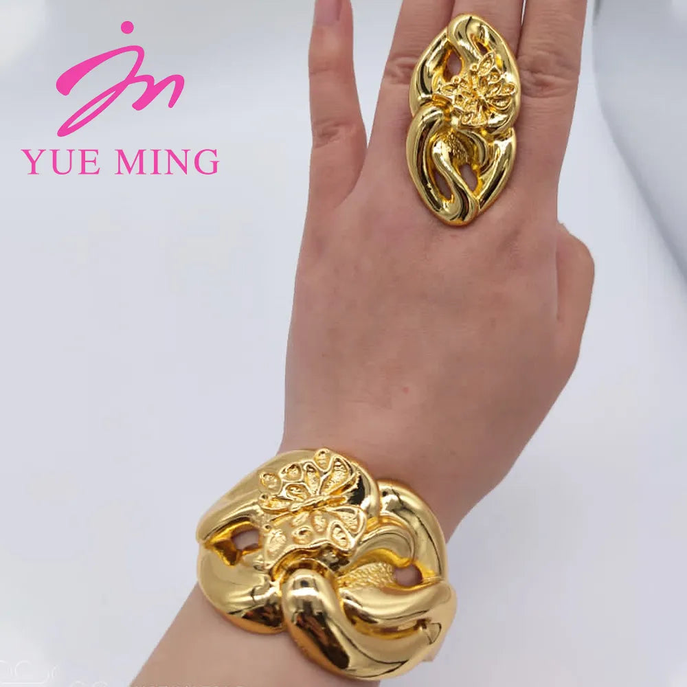 18K Gold Color Cuff Flower Bangle Ring For Women Moroccan France Dubai Luxury Copper Bracelet Jewelry Nigerian Party Wedding Gif - YUEMING JEWELRY