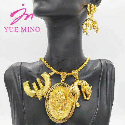 YM Egyptian Pharaoh Pendant with 60cm Necklace Dubai 18k Gold Plated Bear Drop Earrings Copper Jewelry Sets Wholesale Jewellery - YUEMING JEWELRY