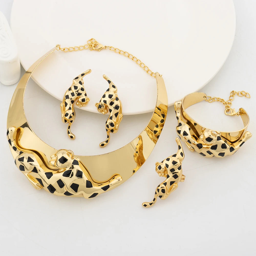 Gold Plated Necklace and earrings set for women Leopard Animal Dangle Earrings Bracelet Ring Banquet Party Fashion Jewellery