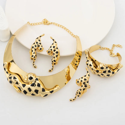 Gold Plated Necklace and earrings set for women Leopard Animal Dangle Earrings Bracelet Ring Banquet Party Fashion Jewellery