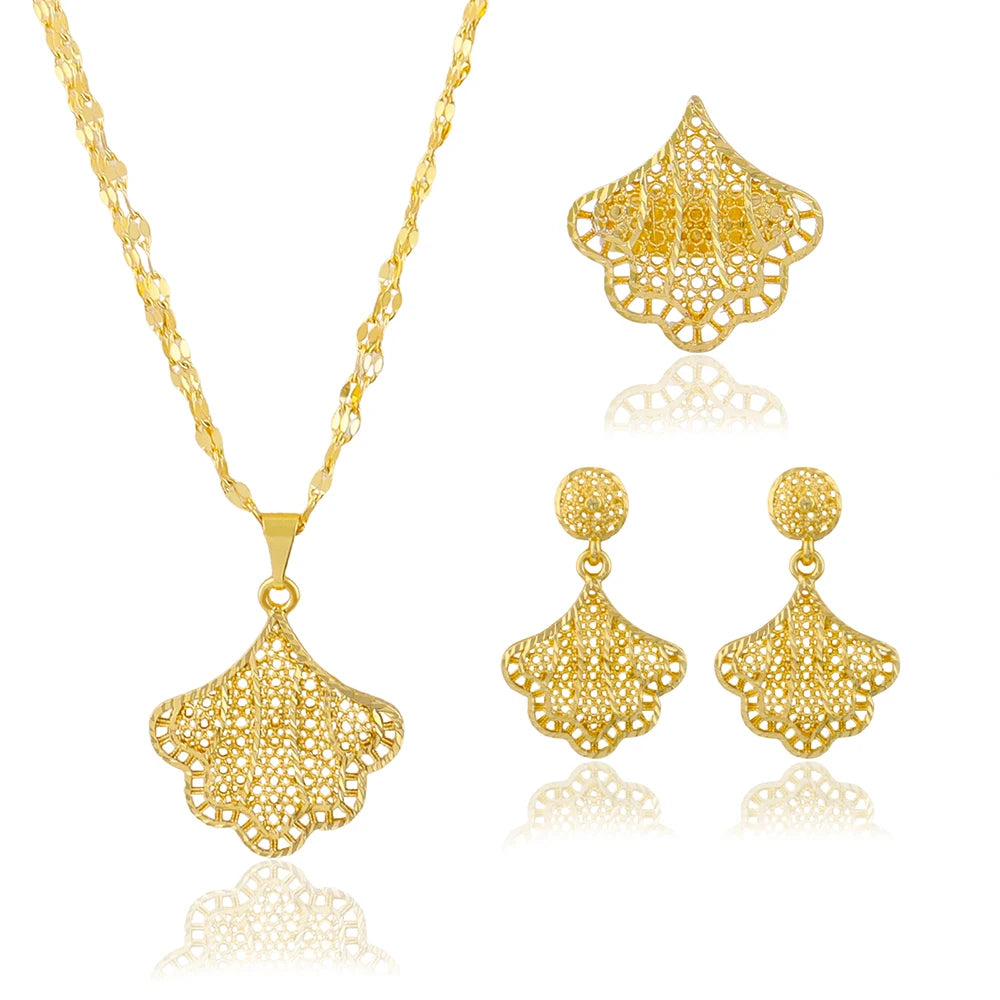 Dubai 24K Gold Color Jewelry Set For Women Necklace Pendant Earrings Rings Wedding Nigeria France Jewelry Set Party Gifts
