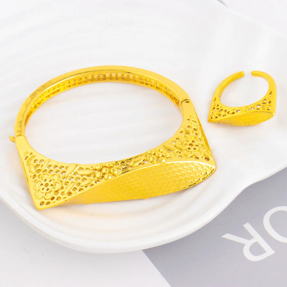 Punk Gold Plated Open Spring Bracelet Women's Fashion Hollow Engrave Design Smooth Ring Earring Bangle Set Versatile Jewelry