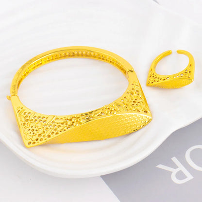 Punk Gold Plated Open Spring Bracelet Women's Fashion Hollow Engrave Design Smooth Ring Earring Bangle Set Versatile Jewelry