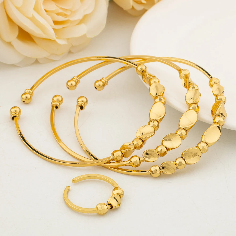 Fashion 3pcs Bangles with Ring Dubai Gold Color Lucky Bead Bracelets Luxury Hand Jewelry Sets for Wedding Party Anniversary Gift
