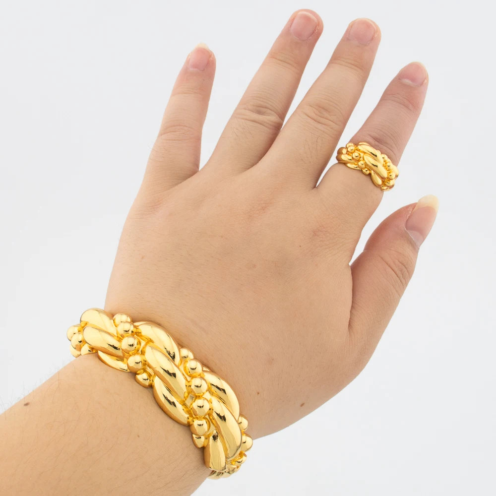 Dubai Gold Color Copper Indian Bracelet Ring For Women Luxury Brazilian African Jewelry Bangle Design for Wedding Bride Party