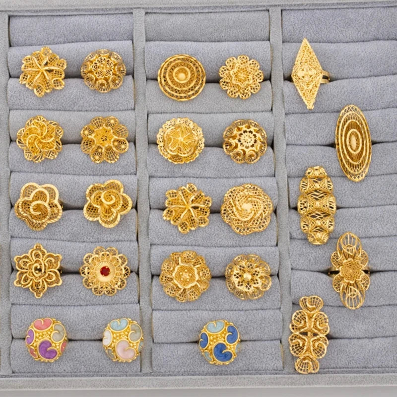 Dubai Gold Color Flower Shape Rings Nigerian Luxury Jewellery Set Africa Bride Wedding Indian Fashion Party Gifts