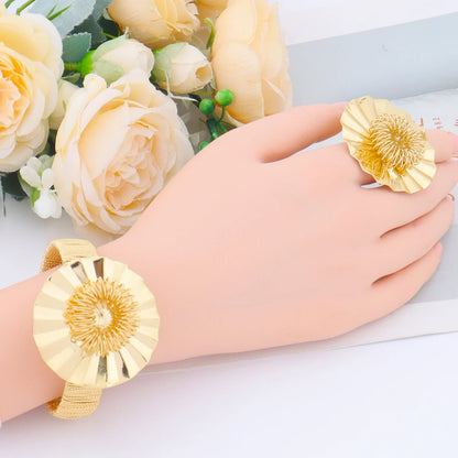 Dubai Gold Plated Big Flower Necklace Earrings Bracelet Ring Jewelry Set for Women Noble Shine Desgin Gift for Party Wedding