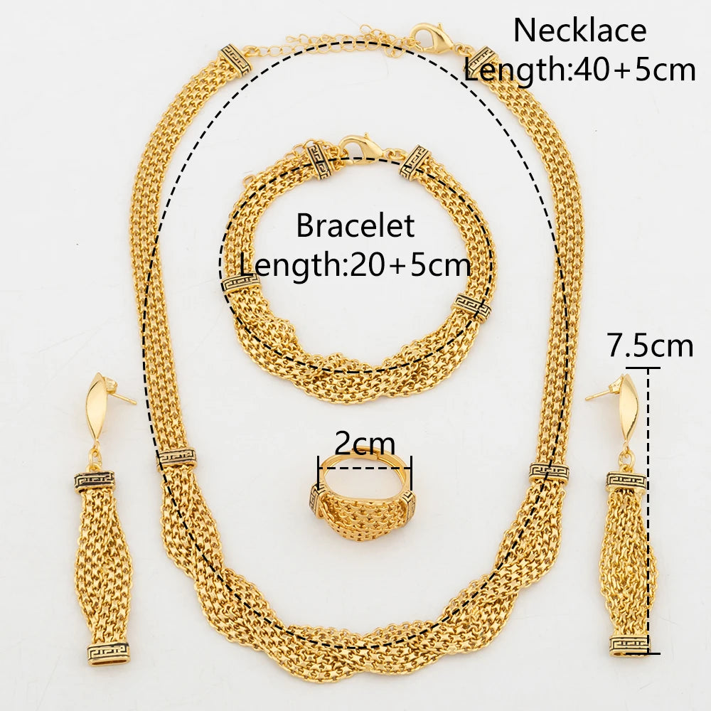 Dubai Gold Plated Jewelry Set for Women Fashion Personality Necklace Set Personality Drop Earrings Charm Bracelet Ring Jewellery