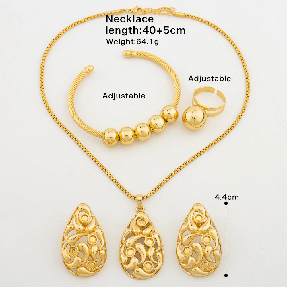 African Gold Color Jewelry Set for Women Water Drop Design Earrings and Necklace Engagement Cuff Bangle Ring Set for Engagement