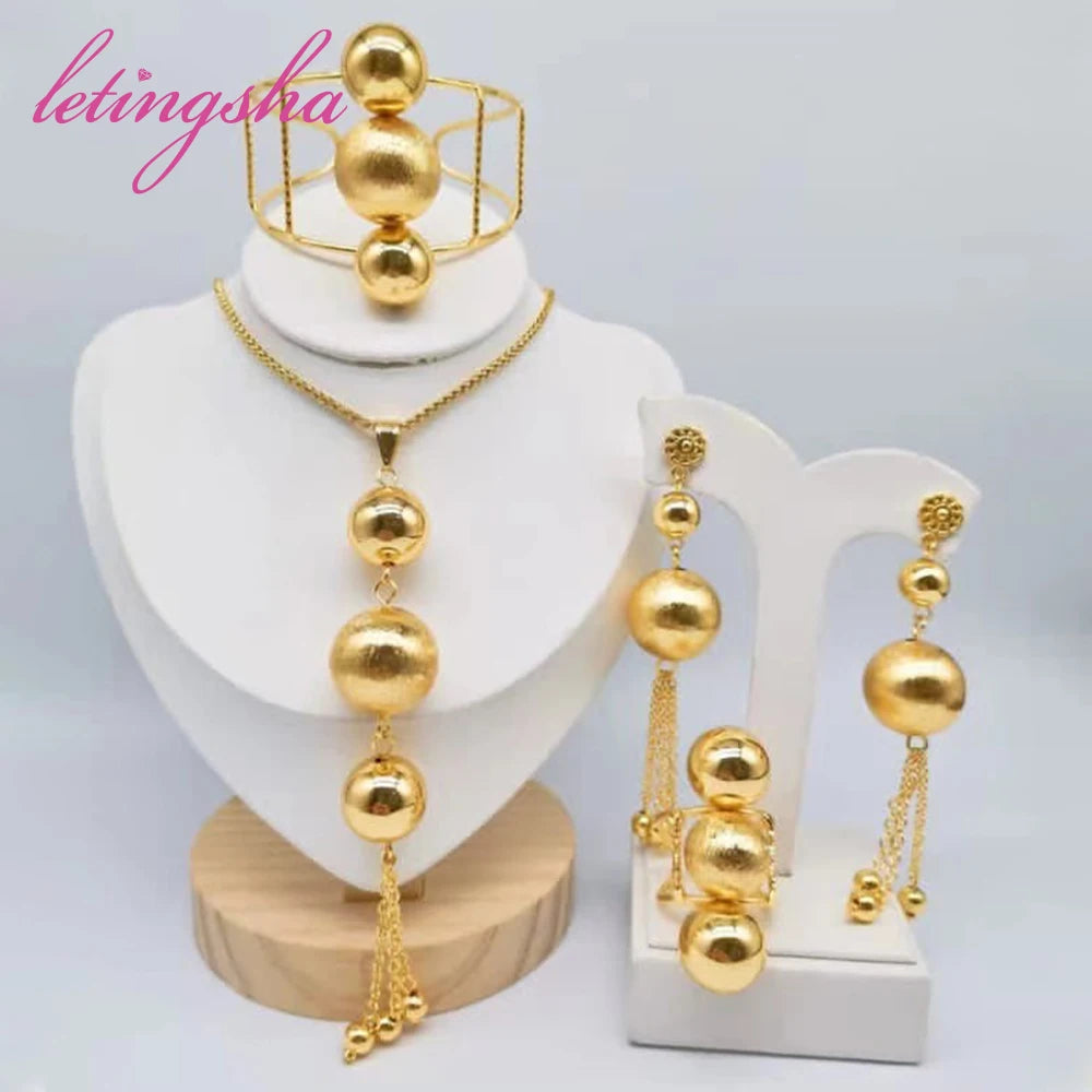 Luxury Gold Color Jewelry Set for Women African Fashion Tassel Round Beads Earrring Pendant Bangle Ring Set Wedding Party Gift