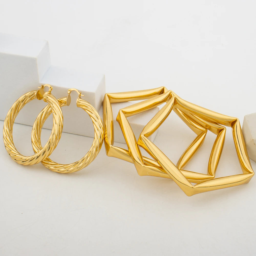 Earrings with Bangle Jewelry Set for Women African Dubai Gold Color Hand Bangle Hoop Earrings Weddings Bride Jewellery Accessory