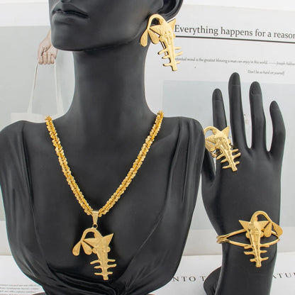 Trend Earrings Pendant 4PCS Jewelry Set for Women 18k Gold Color Fish Bone Cuff Bangle Ring Wedding Bride Nigerian Accessories