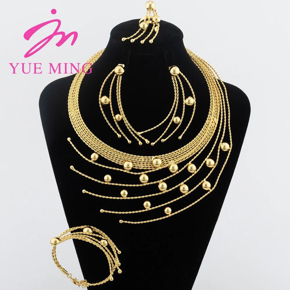 YM Gold Color Jewelry Set For Women Dubai African Wedding Bridal Necklace Copper Earrings Adjustable Ring Ethiopia Flower Bangle - YUEMING JEWELRY