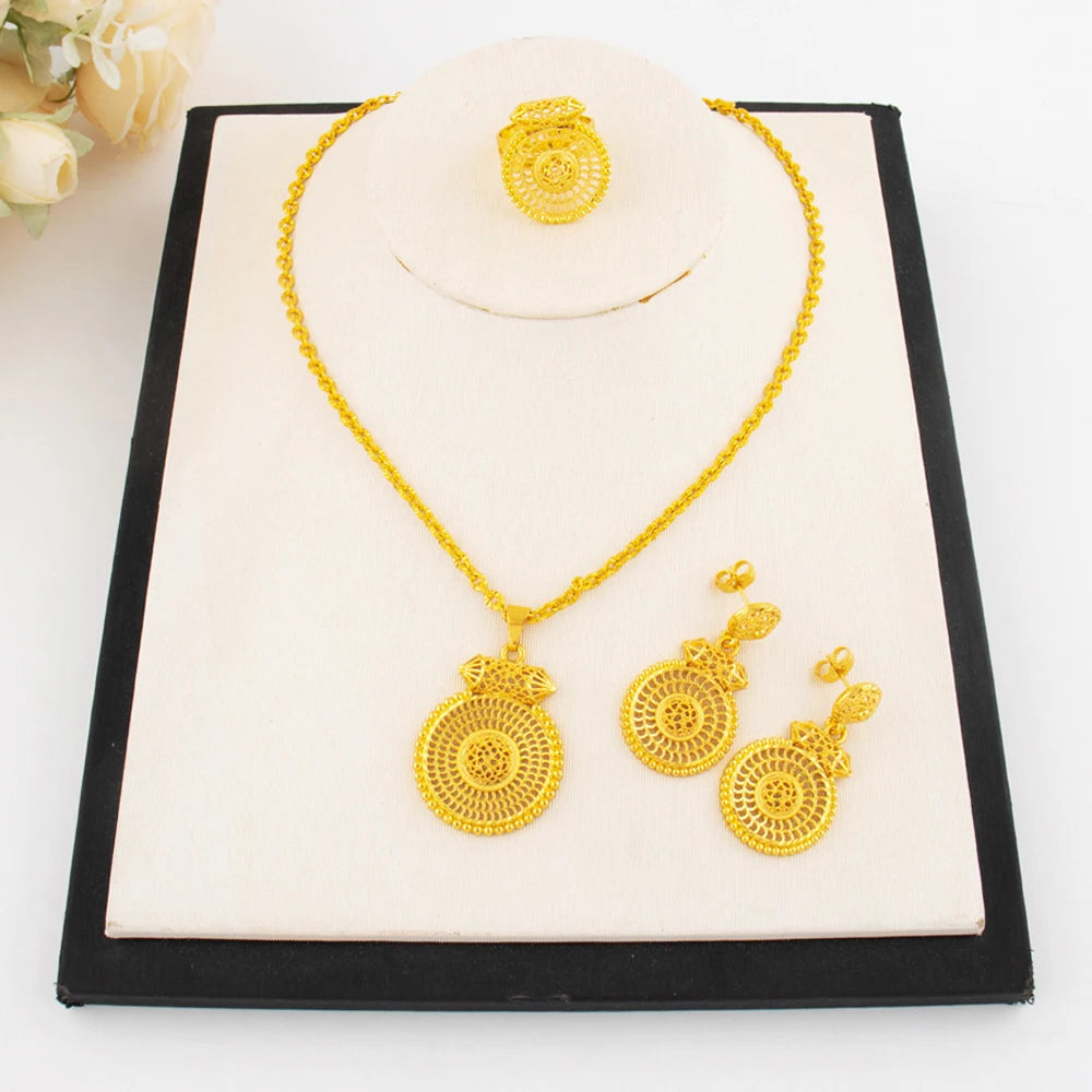 Luxury Arabic Gold Wedding Jewelry Set Gold Plated Dubai Bridal Necklace Earrings Ring Nigeria Women Vintage Jewelrys Gift