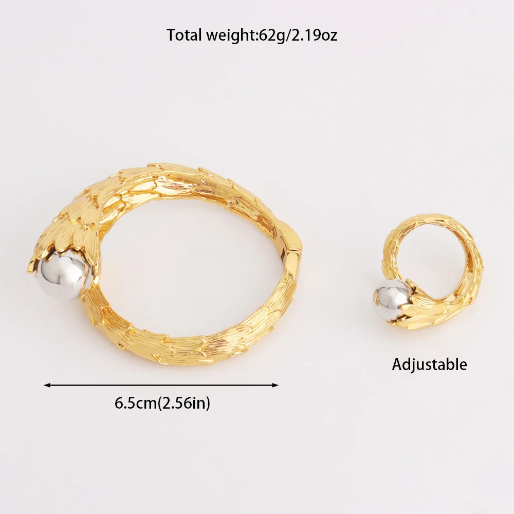 Cuff Bangle With Ring Luxury Gold Plated Bracelet Jewelry Nigerian Wedding Party Gift Dubai Hollow Out Design Bracelet