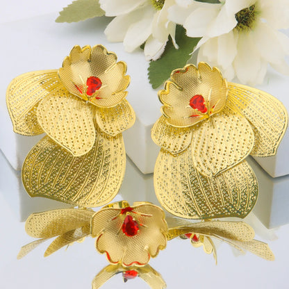 Dubai Hollow Earrings & Ring 2Pcs Set for Women, Trendy Party Wedding Valentine Gift, Elegant Earring Set Jewelry