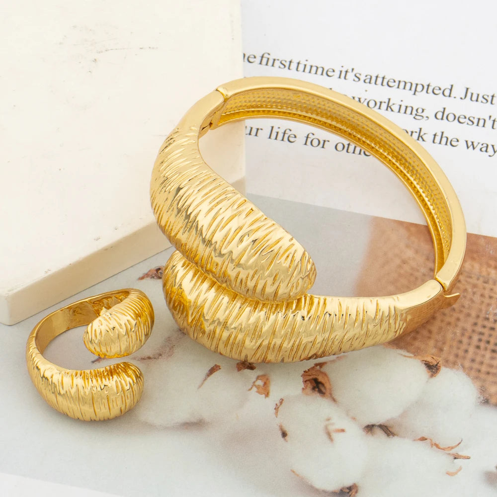 Luxury Bangle with Ring Jewelry Set for Party African Bridal 18k Gold Color Hand Bracelet Cocktail Ring for Nigerian Weddings