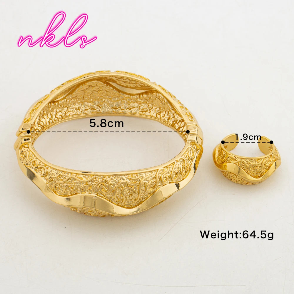 Arab Luxury Cuff Bangle & Ring Set for Women, Classic Daily to Party Gift, Elegant Jewelry Women Set