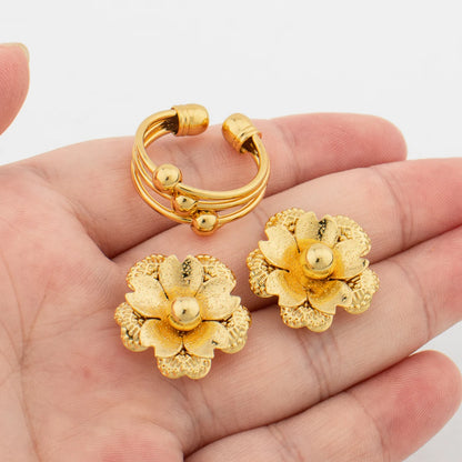 Fashion Jewelry Set For Women Hollow Flower Stud Earrings Temperament Necklace Cuff Bangles Ring Holiday Party Gift Accessories