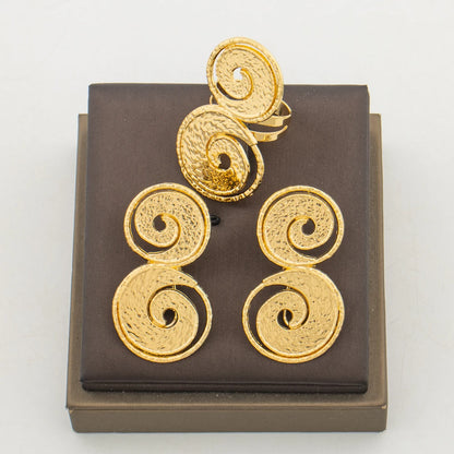 Dubai Gold Color Earrings and Ring Set for Ladies Weddings Hollow Out Clip Earrings and Finger Ring Set for Nigerian Daily Wear