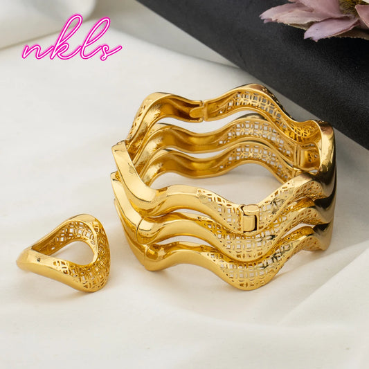 18K Gold Plated Brass Luxury Cuff Bangle & Ring Set, Saudi Vintage Wedding Jewelry for Women, Elegant Jewelry Women Set