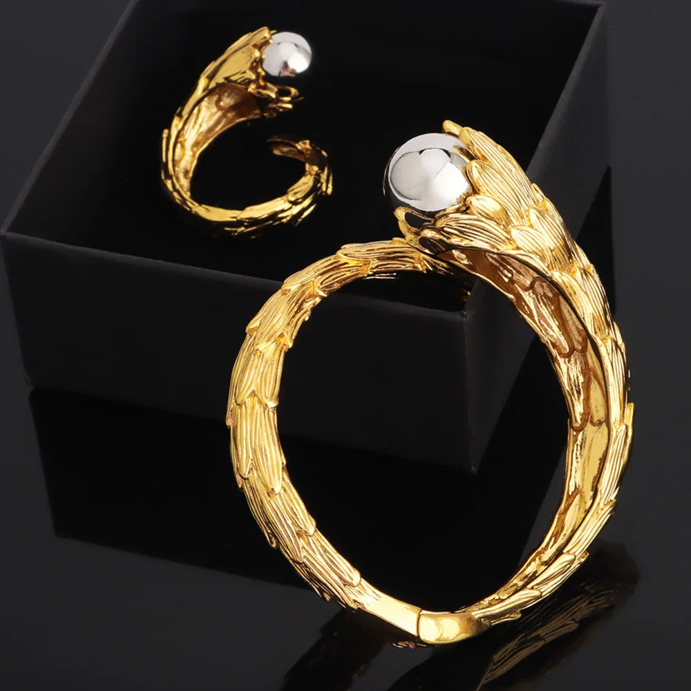 Cuff Bangle With Ring Luxury Gold Plated Bracelet Jewelry Nigerian Wedding Party Gift Dubai Hollow Out Design Bracelet