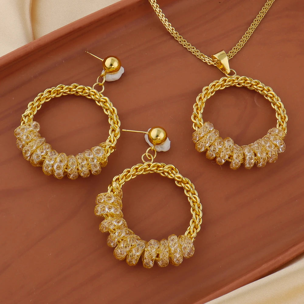 French Gold Plated Weaving Women's Jewelry Set - Necklace Chain Charms Earrings for Classic Daily Wear Date Party Wedding Gift