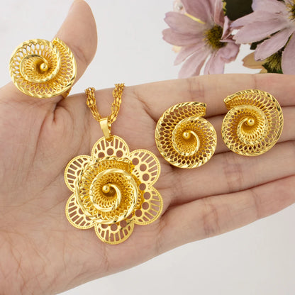 24K Yellow Gold Color  Flower Pendant Necklace Ring Earrings 3pcs Jewelry Set Middle Eastern Luxury Flower Copper Jewelry