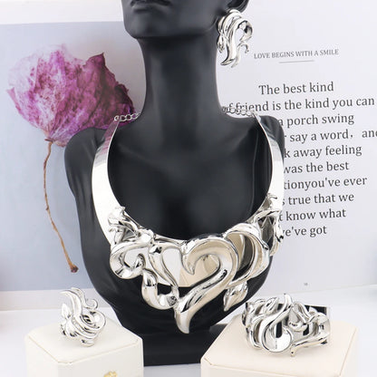 Elegant Wedding Jewelry Set for Women Gold Plated Necklace Copper Color Earrings Bracelet Ring African Bridal Party Gift Jewelle