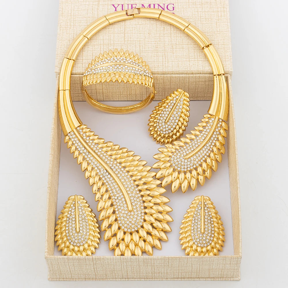 Italian Plated Jewelry Set for Women - Large Color Lady Necklace Earrings Bracelet Ring - High Quality Wedding Jewelry