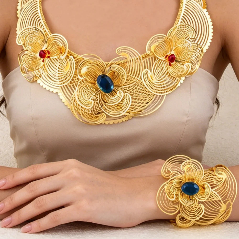 Luxury African Dubai Gold Color Jewelry Set For Women Long Chain Tassel Necklace Set Ethiopian Bride Wedding Bridal Gifts