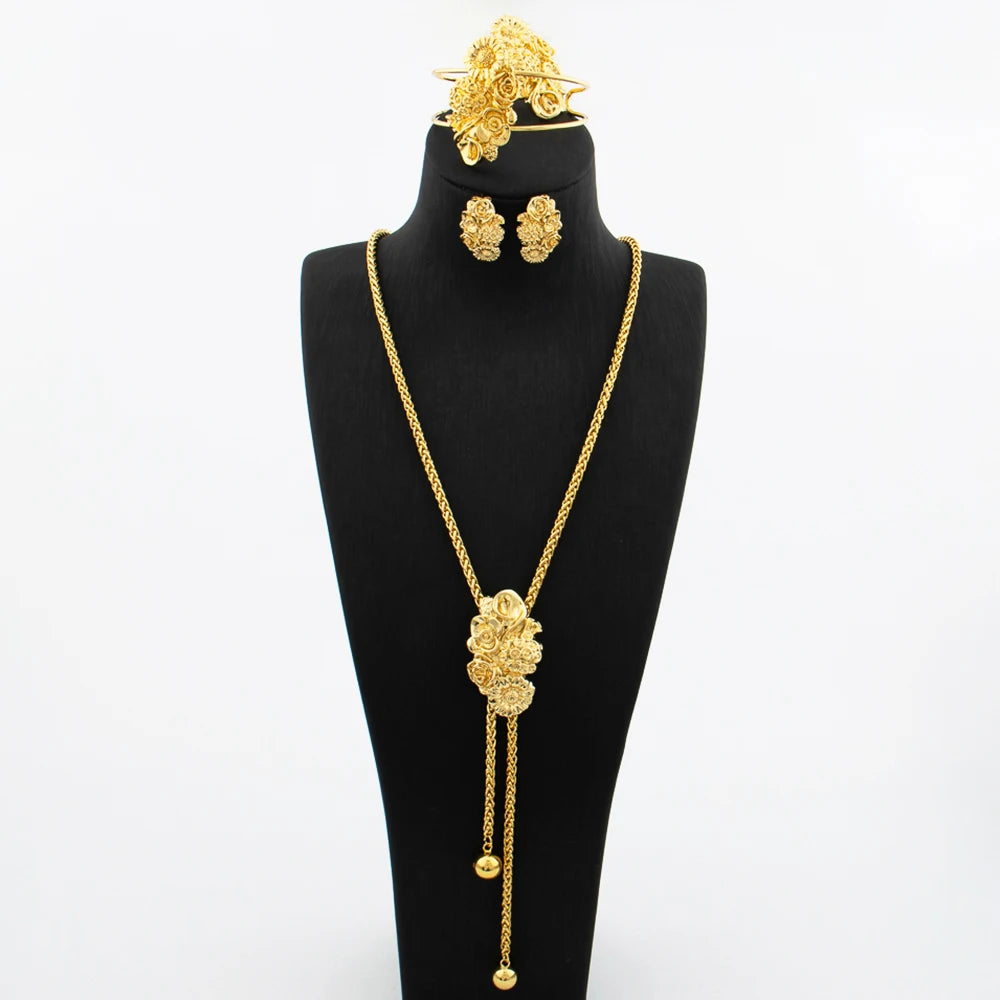 Gold Plated Jewelry Set for Women Adjustable Necklace Flower Shape Copper Earring Bracelet Rings Dubai African Wedding Jewellery