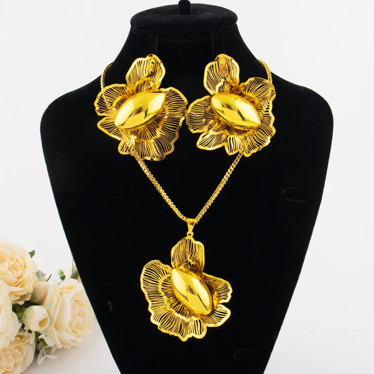 Flower Pendant Necklace 2PC Women's Fashion Trendy Stainless Steel Flower Earrings Necklace Set Gold-Plated Jewellry Gifts